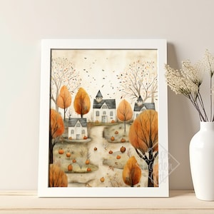 May include: A watercolor painting of a small village with white houses and orange trees. The houses are surrounded by a field of orange pumpkins. The painting has a rustic and charming feel.