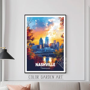 Cartaz de viagem de Nashville Tennessee, arte digital em aquarela | Ilustração vibrante de paisagem urbana | Impressão de decoração de parede com inspiração vintage | Presente