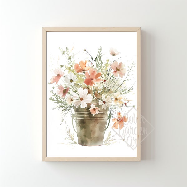 Wildflowers In Rustic Pail Watercolor Printable Wall Art INSTANT DIGITAL DOWNLOAD | A118