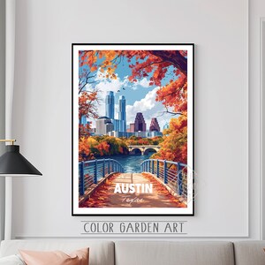 Cartaz de viagem Austin Texas Aquarela Arte digital | Ilustração de paisagem urbana vibrante | Impressão de decoração de parede com inspiração vintage | Presente