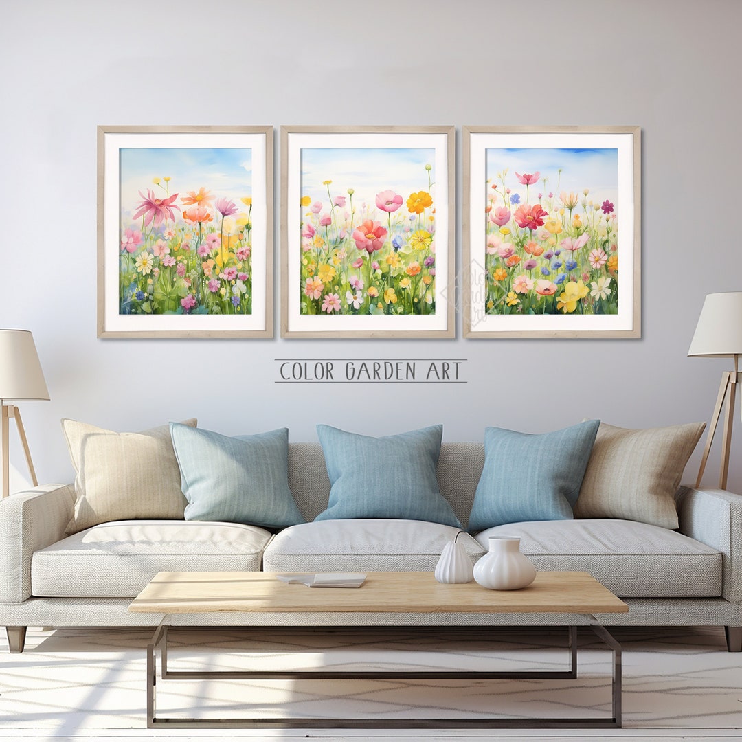 Set of 3 Bright Flower Field Watercolor Printable Wall Art INSTANT ...