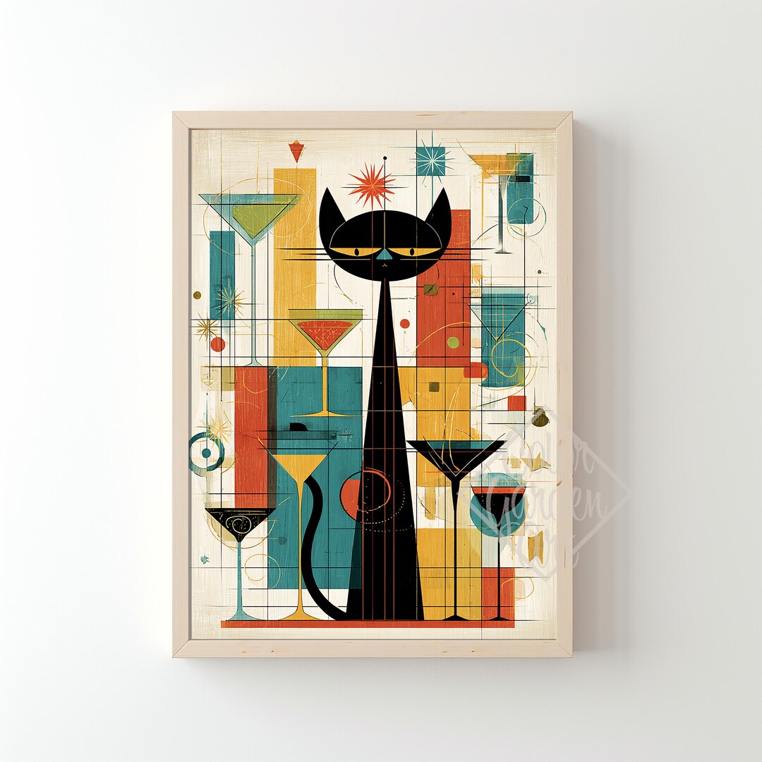 Retro Cat Cocktail Party Art Mid Century Modern Print 1950s Kitchen Art ...