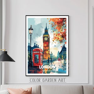 London England Reise Poster Aquarell Digitale Kunst | Lebendige Stadtbild Illustration | Vintage-inspirierte Wand Dekoration Print | Geschenk