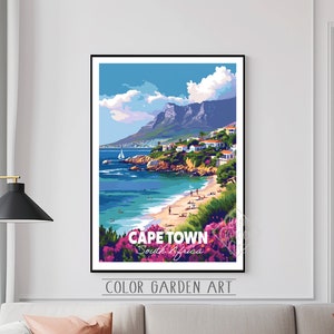 Affiche de voyage du Cap, Afrique du Sud, aquarelle, art numérique | Illustration de paysage urbain animé | Décoration murale d'inspiration vintage | Cadeau