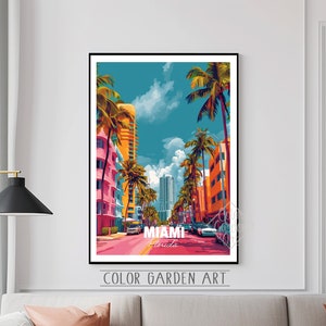 Cartaz de viagem de Miami, Flórida, aquarela, arte digital | Ilustração vibrante de paisagem urbana | Impressão de decoração de parede com inspiração vintage | Presente