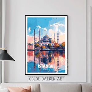 Cartaz de viagem de Istambul Turquia Arte digital em aquarela | Ilustração de paisagem urbana vibrante | Impressão de decoração de parede com inspiração vintage | Presente