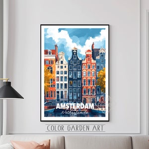 Amsterdam Niederlande Reise Poster Aquarell Digital Art | Lebendige Stadtbild Illustration | Vintage-inspirierte Wand Dekoration Print | Geschenk