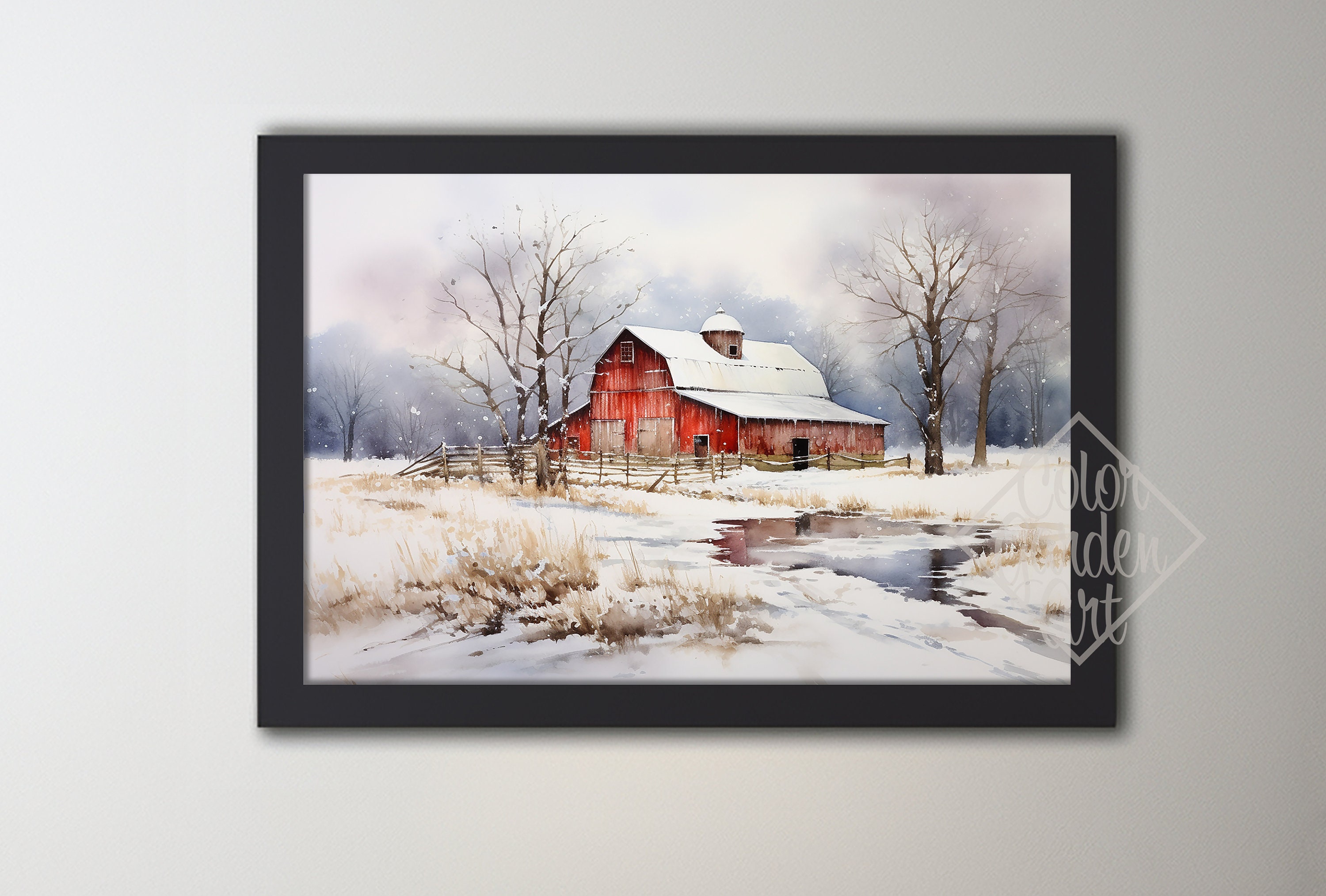 Red Barn in Winter Watercolor Printable Wall Art INSTANT DIGITAL ...
