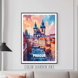 Prag Tschechien Reise Poster Aquarell Digital Art | Lebendige Stadtbild Illustration | Vintage-inspirierte Wand Dekoration Print | Geschenk