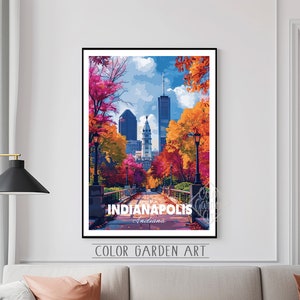 Cartaz de viagem de Indianápolis, Indiana, aquarela, arte digital | Ilustração vibrante de paisagem urbana | Impressão de decoração de parede com inspiração vintage | Presente