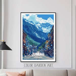 Juni Alaska Reise Poster Aquarell Digitale Kunst | Lebendige Stadtbild Illustration | Vintage-inspirierte Wand Dekoration Print | Geschenk
