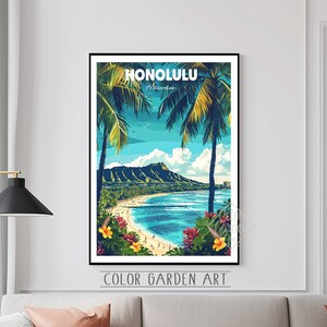 Cartaz de viagem de Honolulu, Havaí, aquarela, arte digital | Ilustração de paisagem urbana vibrante | Impressão de decoração de parede com inspiração vintage | Presente