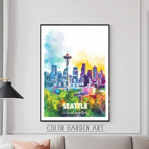 “Seattle Washington Reise Poster Aquarell Digitale Kunst | Lebendige Stadtbild Illustration | Vintage-inspirierte Wand Dekoration Print | Geschenk