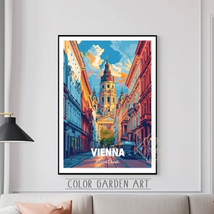 Affiche de voyage Vienne Autriche Art numérique aquarelle | Illustration de paysage urbain animé | Décoration murale d'inspiration vintage | Cadeau