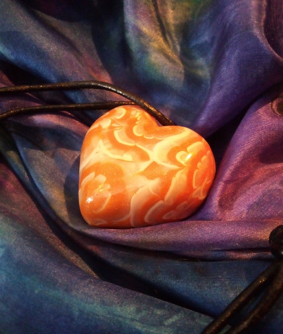 Chunky Heart Pendant Orange Swirl Faux Marble  Bl… - image 1