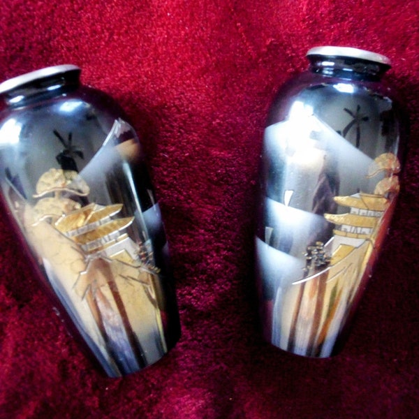 Set  Mt. Fugi Gold + Silver Etched Chokin Enamel Brass Bud Vases VTG