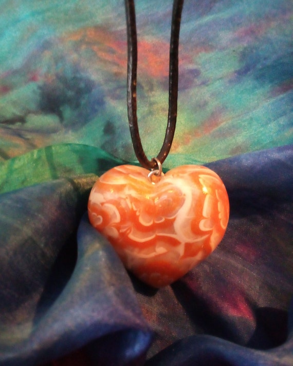 Chunky Heart Pendant Orange Swirl Faux Marble  Bl… - image 5