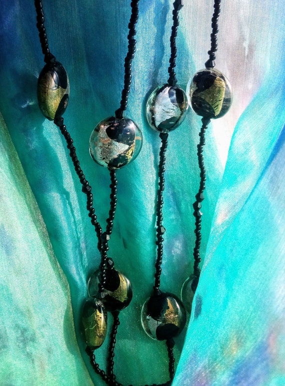 Murano Iridescent Copper Long Necklace Black Glass
