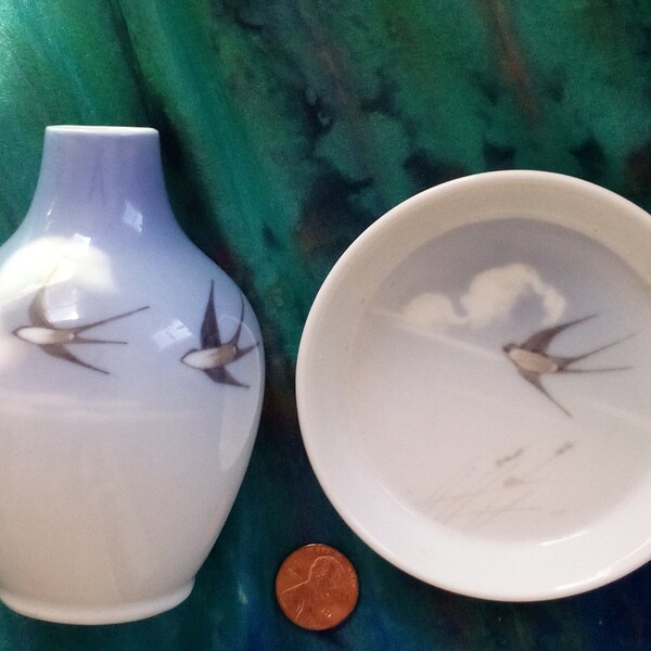 Royal Copenhagen Swallows Set Mini-Vase Trinket Dish Collector Vintage