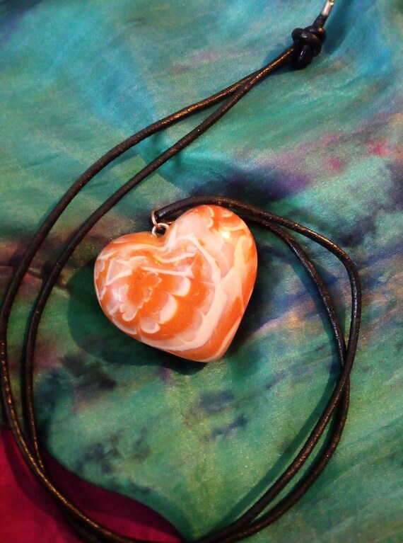 Chunky Heart Pendant Orange Swirl Faux Marble  Bl… - image 3