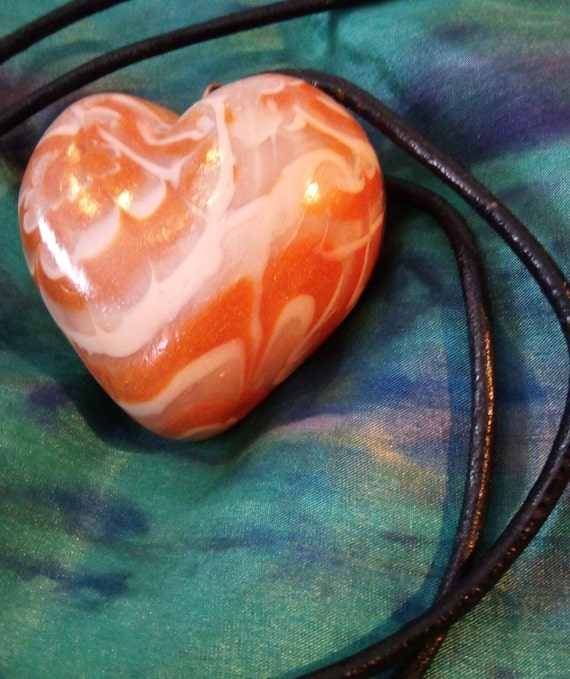 Chunky Heart Pendant Orange Swirl Faux Marble  Bl… - image 2