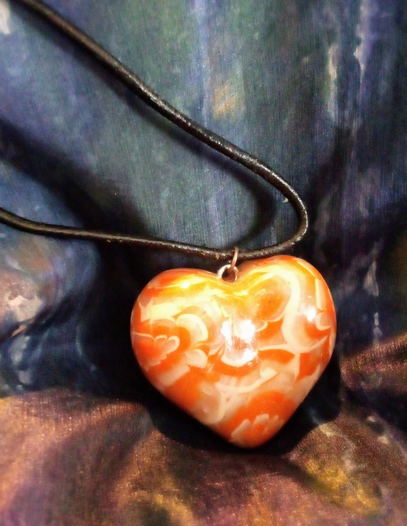 Chunky Heart Pendant Orange Swirl Faux Marble  Bl… - image 4