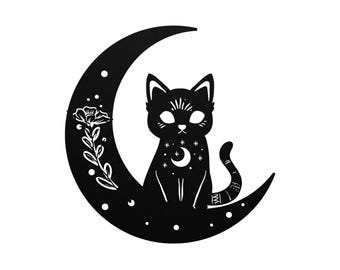 Moon Black CAT Flower Celestial Metal Wall Art Sign Halloween home decor housewarming Christmas gift for her him unique Cat birthday present