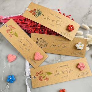 Personalisiertes Lesezeichen mit Samenpapier. Pflanzliche Wildblumen Samen Karte. Gastgeschenke für Hochzeiten, Verlobungen, Promotionen, Taufen.