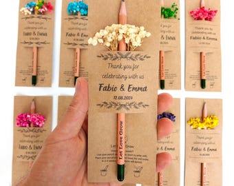 Personalisierte Samen Bleistifte für Hochzeiten, Kundenspezifische Gefälligkeiten für Gäste, Dankes-Geschenke, Pflanzliche Bleistifte mit Gravur, Save the Date Bleistifte.