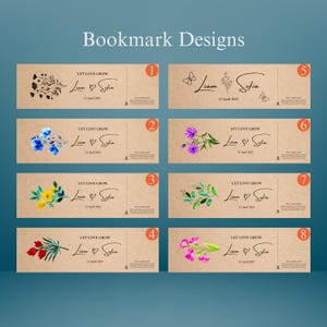 May include: A collection of eight bookmark designs with floral and botanical illustrations. Each bookmark features the text "LET LOVE GROW", names "Liam & Sofia", and the date "12 April 2025". The bookmarks have a rustic, kraft paper appearance.