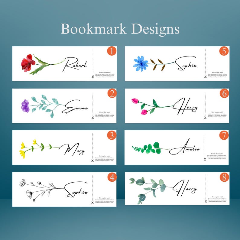 May include: Eight bookmark designs with floral watercolour illustrations and names in elegant script. The text "Bookmark Designs" is at the top. Each bookmark has a unique floral design and name, numbered 1 to 8.