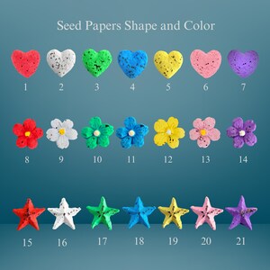 May include: A selection of coloured seed papers in heart, flower, and star shapes. The seed papers are in various colours, including red, white, green, blue, yellow, pink, and purple. The text "Seed Papers Shape and Color" is at the top.