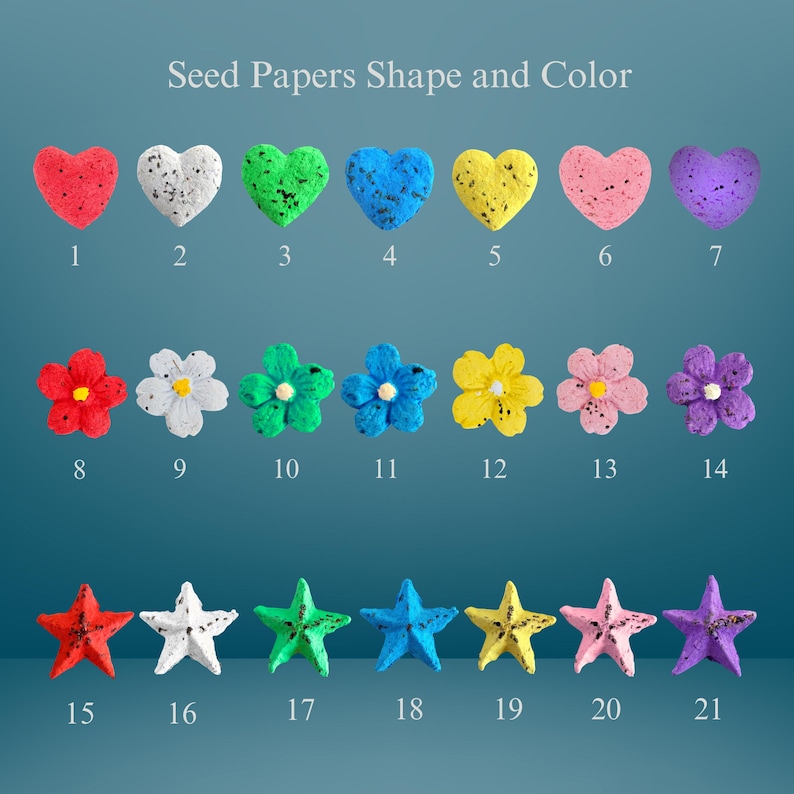 May include: A selection of coloured seed papers in heart, flower, and star shapes. The seed papers are in various colours, including red, white, green, blue, yellow, pink, and purple. The text "Seed Papers Shape and Color" is at the top.