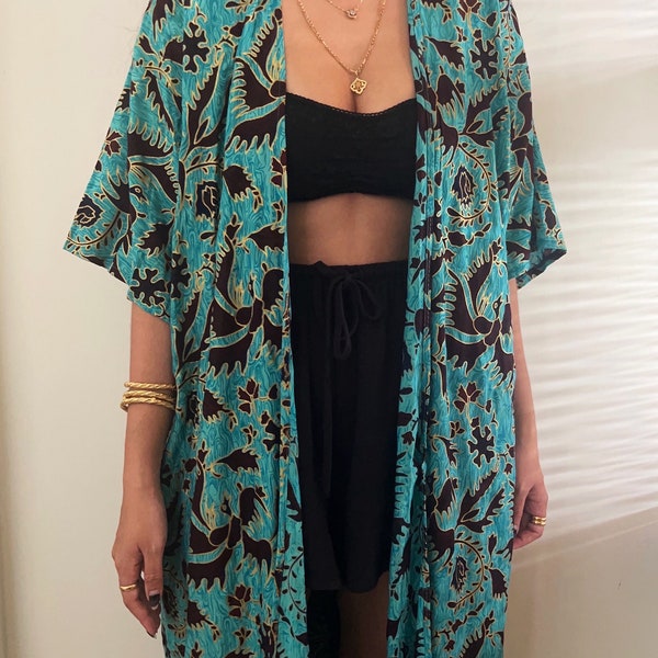 Oversized Tosca Burgundy Indonesian Batik Long Kimono Outerwear Jacket (with Gold Details) One of a Kind Unique Contemporary Summer Robe