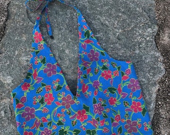 Indonesian Batik Halter Neck Crop Top (Tie Back Details) One of a Kind Piece Unique Southeast Asian Rare Gift Floral Festival Summer Outfit