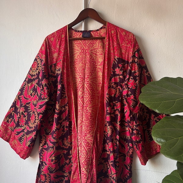 Oversized Pink Purple Indonesian Batik Kimono Jacket (with Gold Details), One of a Kind Outerwear Rare Unique Gift