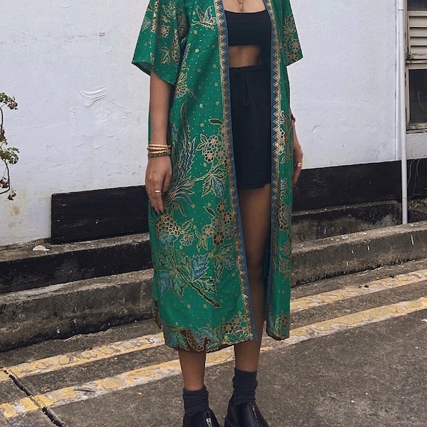 Oversized Green Indonesian Batik Long Outerwear Kimono (with Gold Details) One of a Kind Robe Special Occasion Duster Summer Resortwear Gift