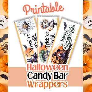 May include: Three Halloween candy bar wrappers with watercolour illustrations of spiders, bats, and a witch. The wrappers are labelled "Trick or Treat" and "Happy Halloween". The image is surrounded by pumpkins, spiderwebs, and Halloween biscuits.