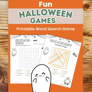 Pu&ograve; includere: Un gioco di ricerca di parole di Halloween stampabile a tema fantasma. Il design presenta le parole "Fun Halloween Games" in alto, con un'illustrazione di un fantasma e il testo "Ghost Word Search". &Egrave; inclusa anche la pagina delle soluzioni.