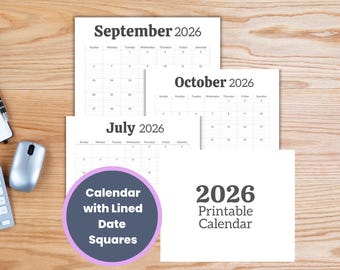Printable Calendar with Lines 2026, Monthly Planner PDF, Lined Design, Black and White, Sunday Start
