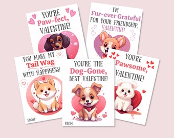 Mini-valentijnskaarten, Valentijnsdagkaarten in de klas voor kinderen, afdrukbare hondenvalentijnskaarten, Valentijnsdagcadeaukaartjes