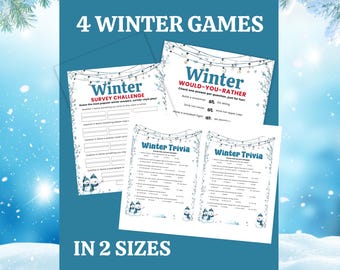 May include: Four winter-themed game sheets with the titles "Survey Challenge", "Would-You-Rather", and "Trivia". The sheets are white with blue and red text, and feature snowman illustrations. The text "4 Winter Games" and "In 2 Sizes" are also visible.