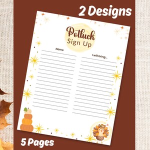 Könnte beinhalten: Ein weißes Potluck-Anmeldeblatt mit dem Text "Potluck Sign Up" in Braun und Gelb. Das Blatt hat Linien für Namen und was die Leute mitbringen, mit Illustrationen von Kürbissen und einem Truthahn. Die Wörter "2 Designs" und "5 Pages" sind ebenfalls sichtbar.