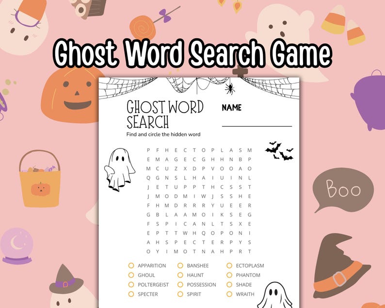 A fun Halloween party game for kids and adults. Ghost Word Search Game.