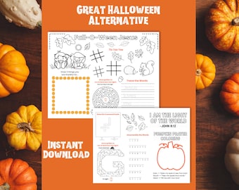 Può includere: Uno sfondo arancione con il testo "Great Halloween Alternative" e "Instant Download". L'immagine presenta una pagina da colorare con il testo "Fall-O-Ween Jesus" e una pagina da colorare di preghiera di zucca. Le zucche di varie dimensioni e colori sono disposte attorno alle pagine.