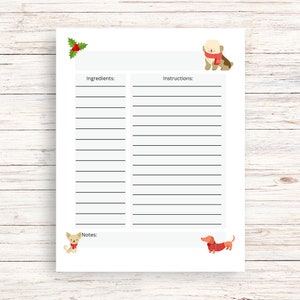 Cute Dog Recipe Book Pages |Christmas Recipe Book Page |  Christmas Recipes Pages | Digital Download