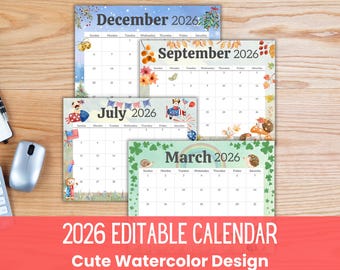 2026 Calendar Printable: Watercolor Monthly Planner, Digital Download, Floral Designs, US Letter Size