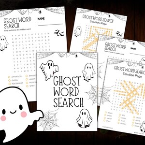 The Ghost word search game, two word find game sheets, 2 answer keys.