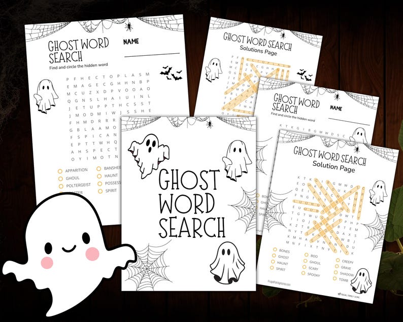 The Ghost word search game, two word find game sheets, 2 answer keys.