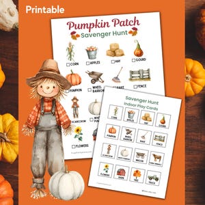 Könnte beinhalten: Ein druckbares Kürbis-Patch-Schnitzeljagd-Spiel mit Illustrationen von Kürbissen, Mais und einer Vogelscheuche. Das Bild enthält eine Vogelscheuchenfigur und mehrere Kürbisse in verschiedenen Farben, ideal für Herbstaktivitäten.